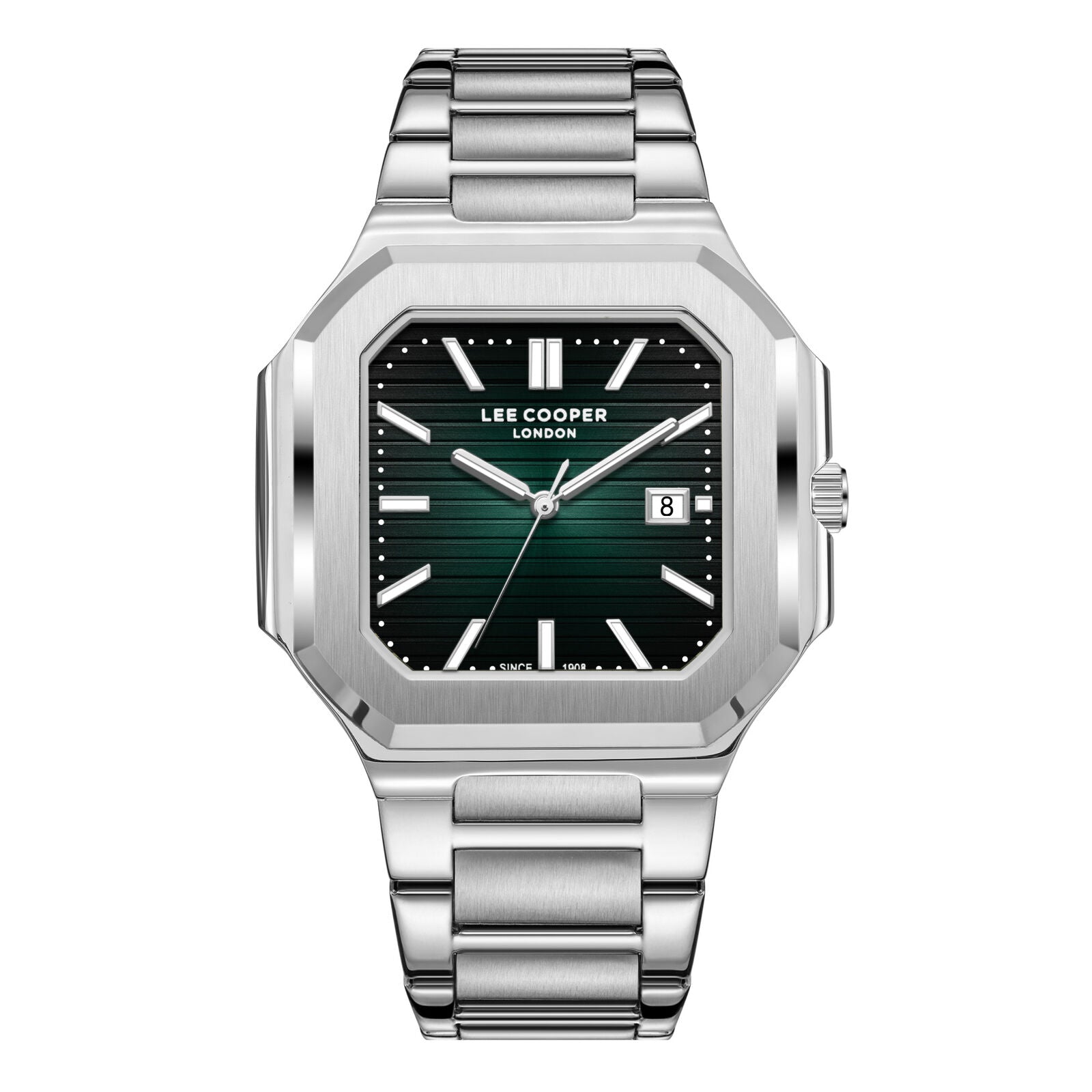 Lee Cooper Maxime square case watch with green dial, silver case and bracelet