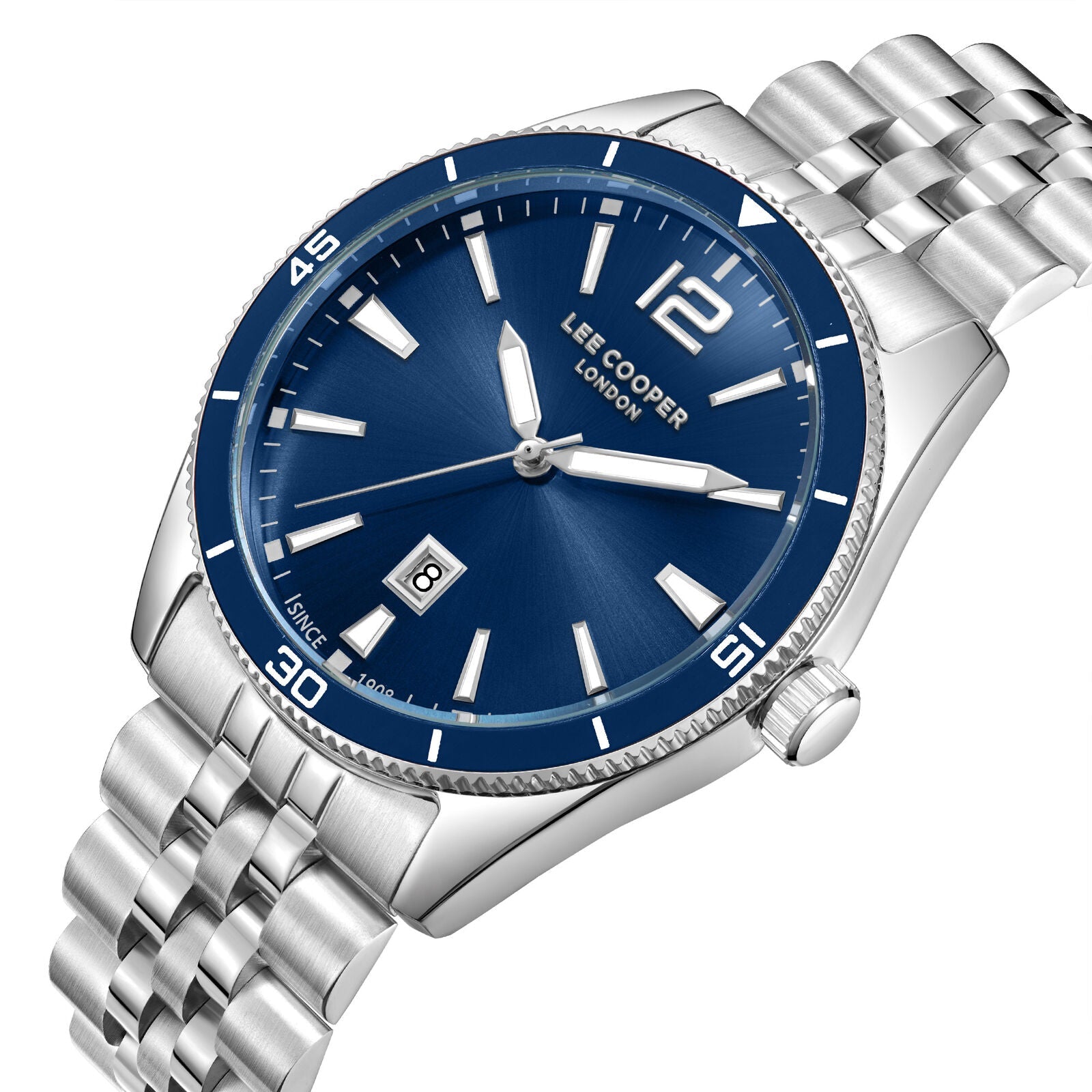 Angled view of Lee Cooper Simon watch showing blue dial, blue bezel and silver steel bracelet