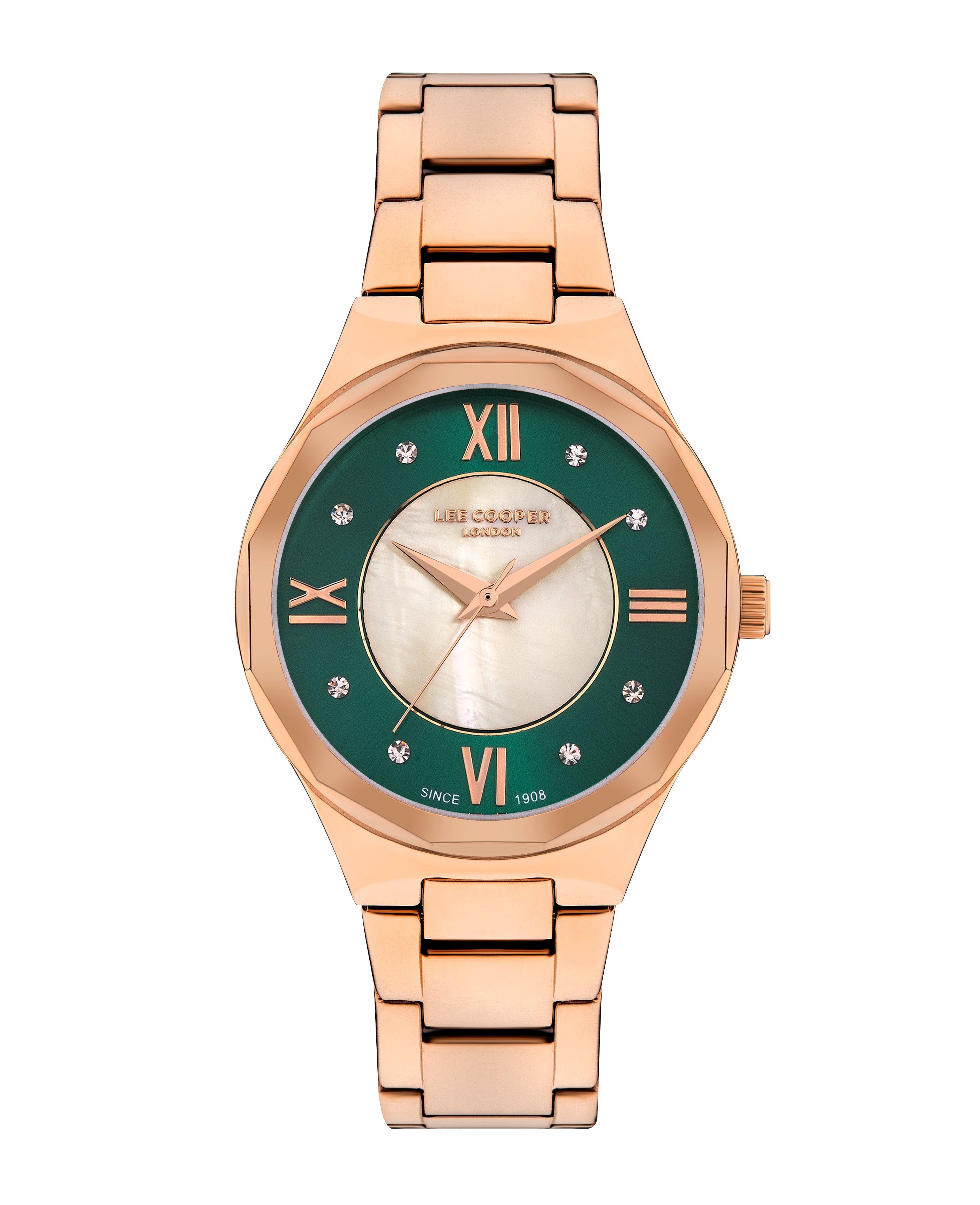 Lee Cooper StyleWork rose gold watch with green and white mother-of-pearl dial, Roman numerals and diamond markers