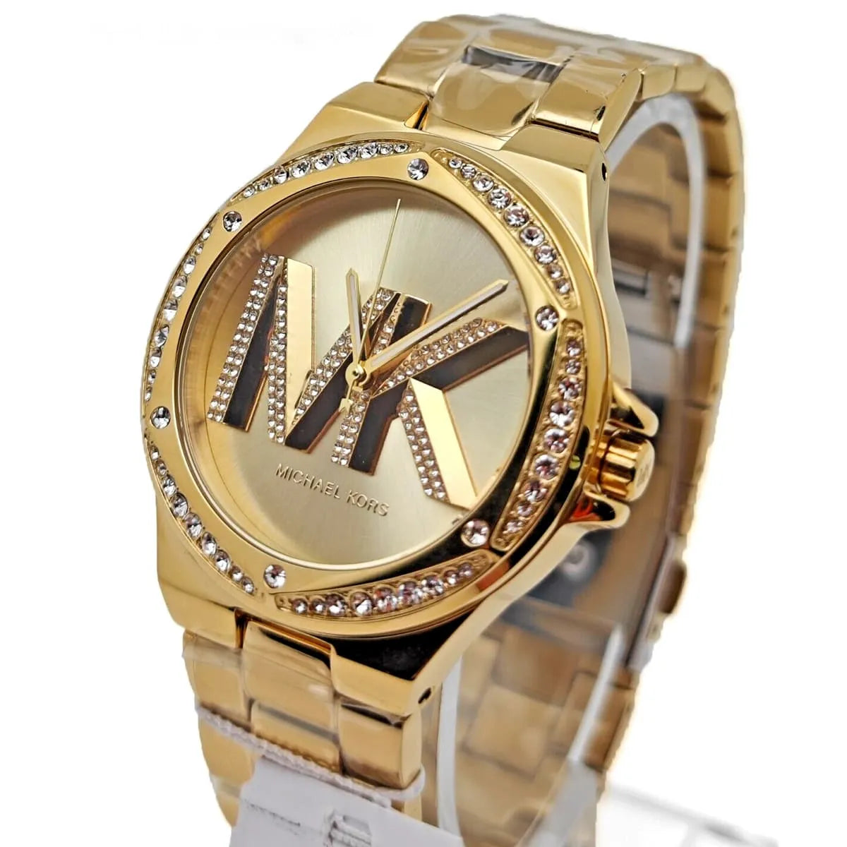 Lennox watch angled view with gold-tone case, crystal-paved bezel, and MK logo dial