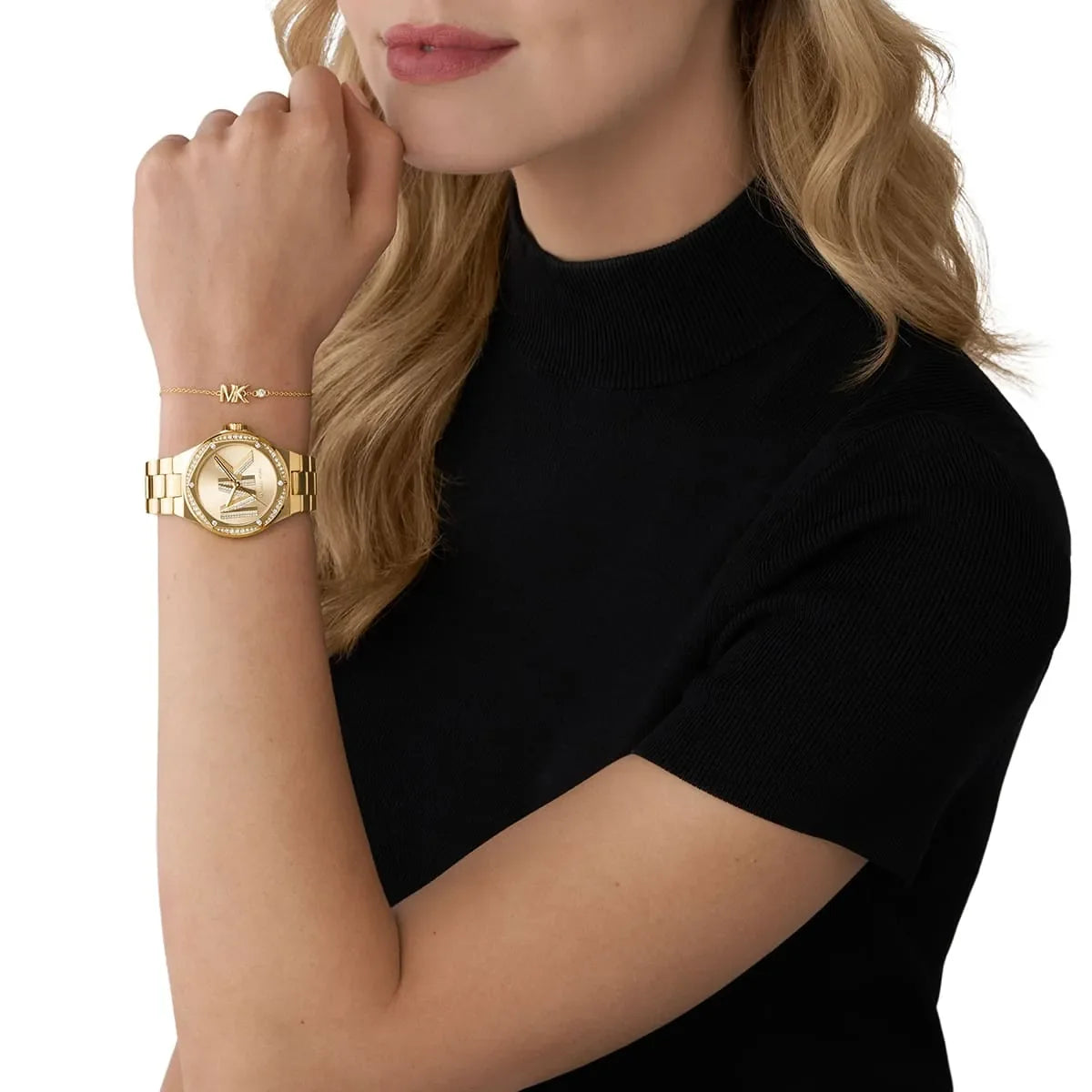 Lennox gold-tone watch worn on wrist with matching bracelet