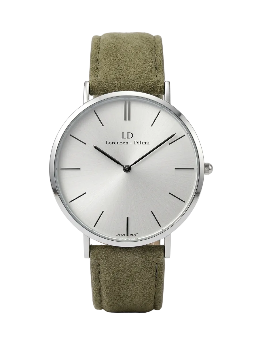 Lorenzen Dilimi slim watch with white dial and beige suede strap front view