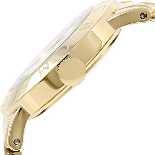 Side profile view of Marc by Marc Jacobs Amy women's watch showing gold-tone case and crown