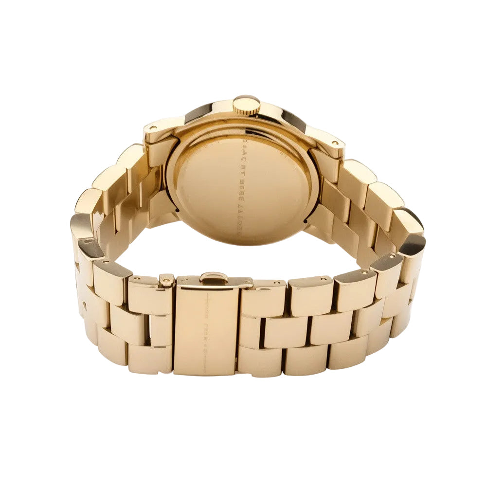 Caseback view of Marc by Marc Jacobs Amy gold tone bracelet watch