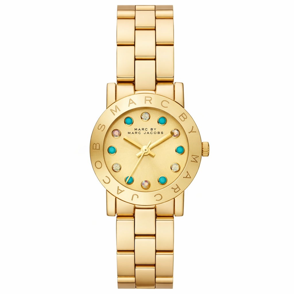 Marc By Marc Jacobs Amy watch with gold tone case, multicolor crystal dial markers, and matching bracelet