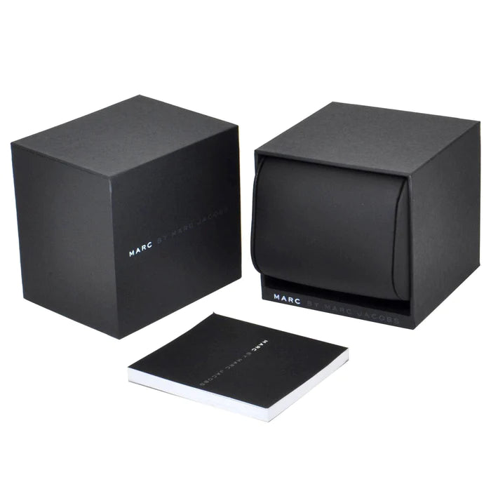 Baker Dexter watch packaging with black Marc branded boxes and white card insert