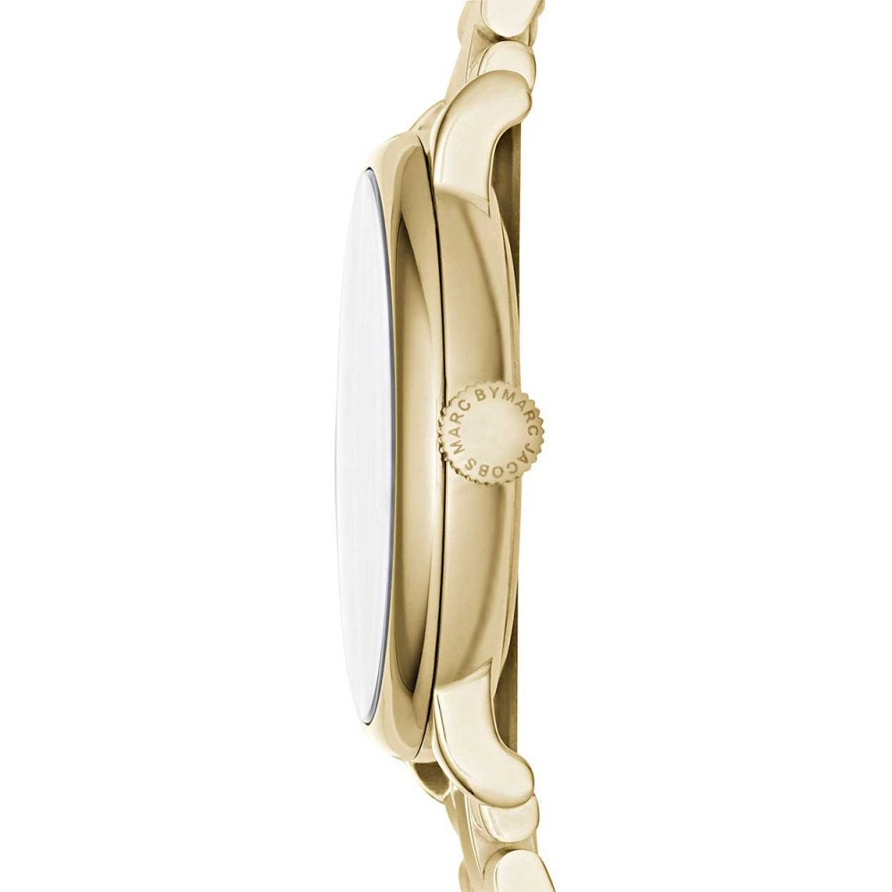 Side profile of Baker Dexter watch displaying gold-tone case and crown detail