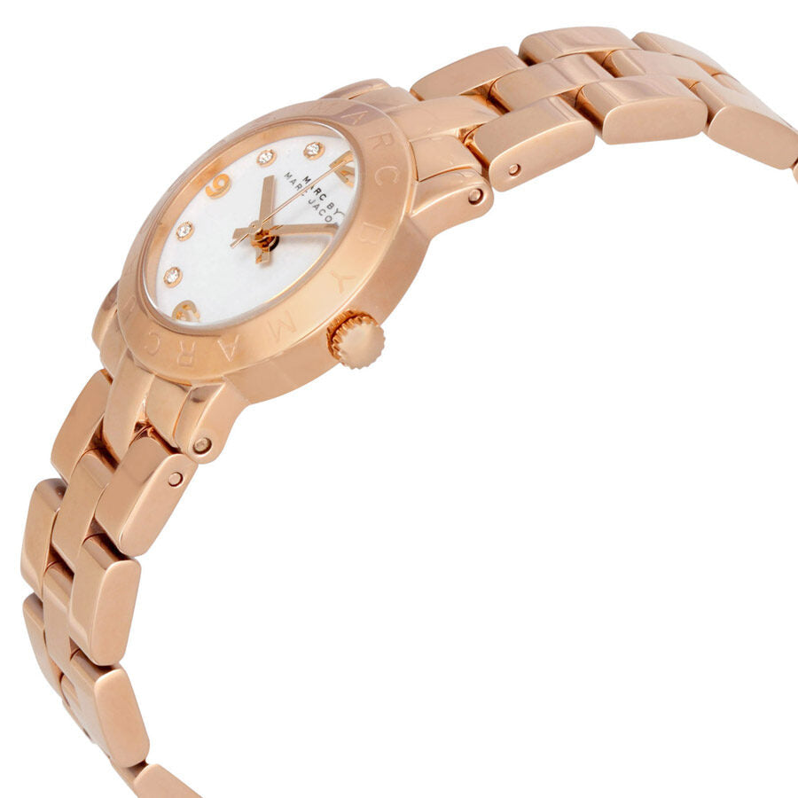 Rose gold Baker watch shown at angle with bracelet and white dial visible