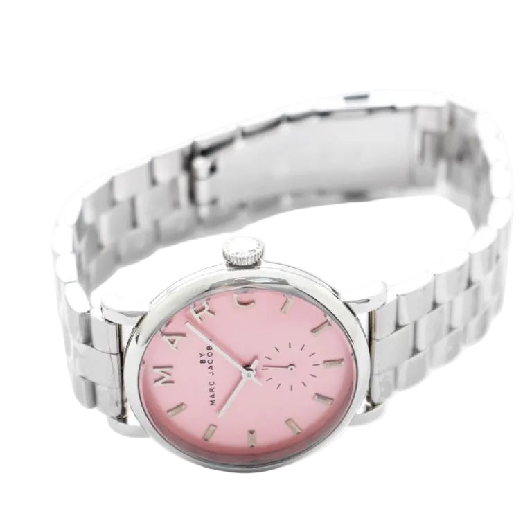 Marc By Marc Jacobs Baker MBM3283 angled view showing pink dial and silver bracelet