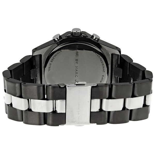 Marc By Marc Jacobs Blade chronograph watch caseback showing gunmetal and silver tone two-tone bracelet