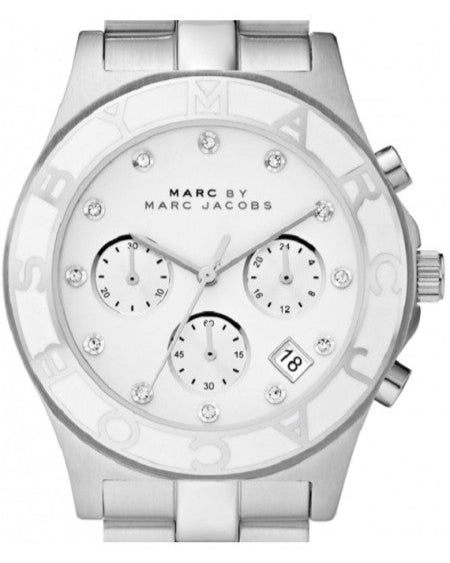MARC BY MARC JACOBS Amy MBM3080 watch showing chronograph dials, date window, and stainless steel bracelet