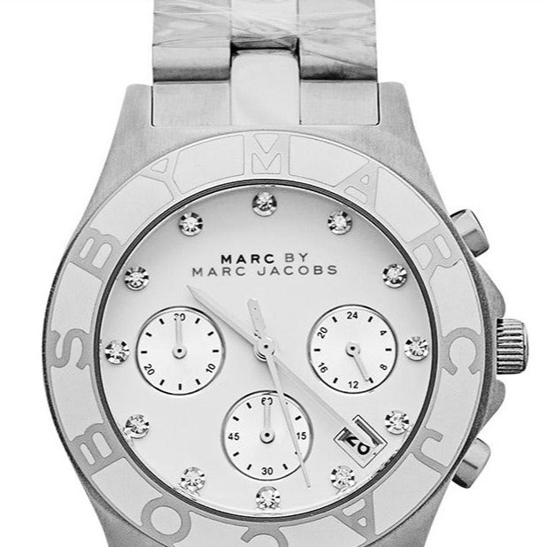 Marc by Marc Jacobs Amy MBM3080 chronograph watch front view showing white dial with three subdials and diamond markers