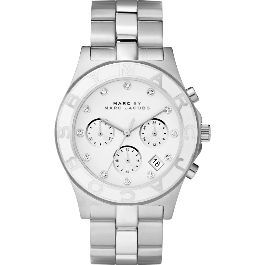 MARC BY MARC JACOBS Amy MBM3080 women's chronograph watch with silver stainless steel strap and white dial