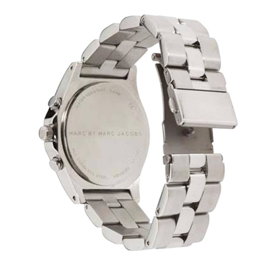 MARC BY MARC JACOBS Amy MBM3080 watch shown from side profile with stainless steel bracelet and case