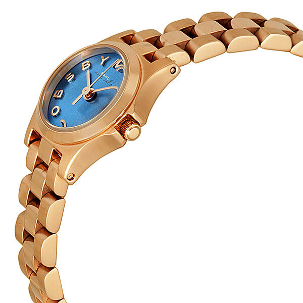 Side angle view of Marc by Marc Jacobs Henry Dinky watch showing case profile and blue dial
