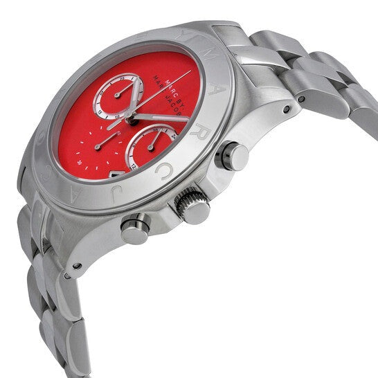 Marc by Marc Jacobs Blade MBM3306 three-quarter view of orange dial chronograph with steel bracelet