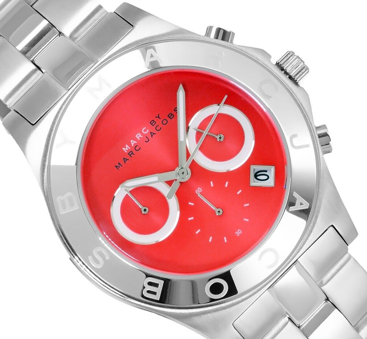 Marc by Marc Jacobs Blade MBM3306 chronograph with orange face and steel link strap