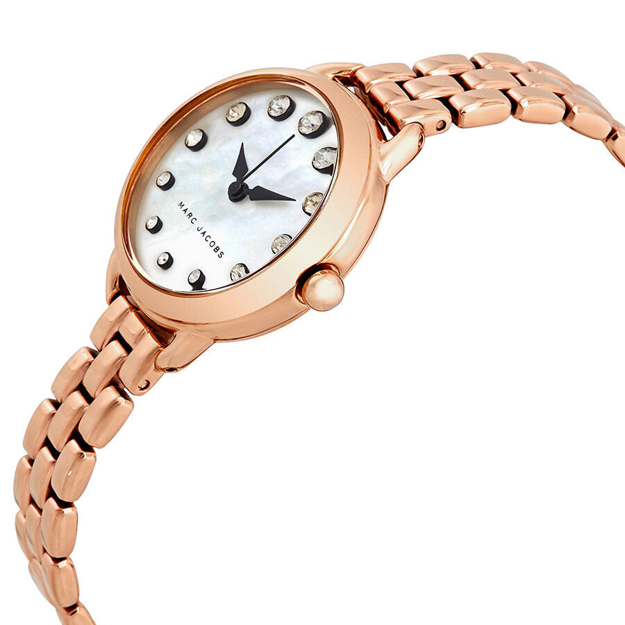 Marc Jacobs Betty rose gold watch side view showing dial and linked bracelet