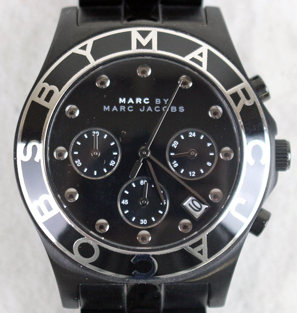 Marc Jacobs Blade chronograph dial detail with three subdials and pearl markers