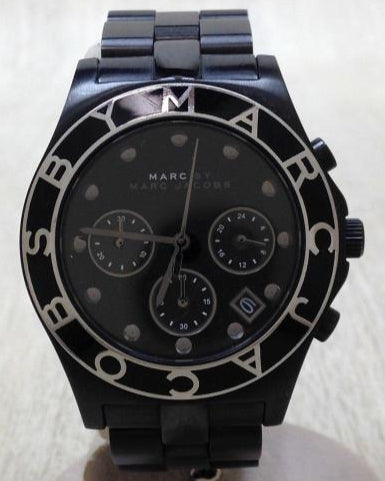 Marc Jacobs Blade MBM3083 black chronograph watch front view with rotating bezel