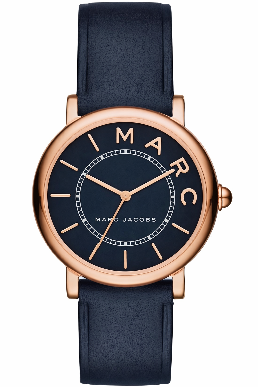 Marc Jacobs Classic Mini MJ1539 watch with navy dial, rose gold case, and navy leather strap