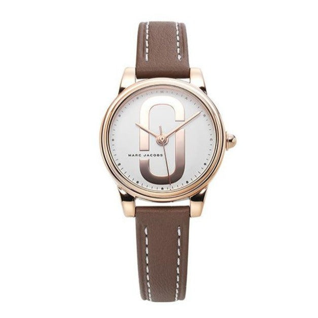 Marc Jacobs Corie watch angle view showing white face with rose gold MJ logo and brown strap
