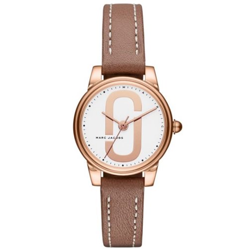 Marc Jacobs Corie watch with white dial, rose gold case, and brown leather strap