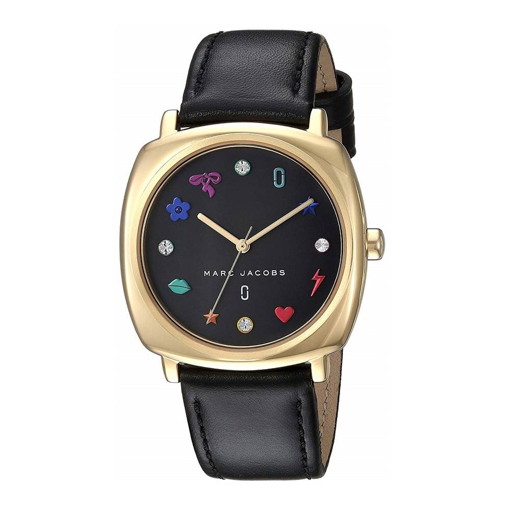 Marc Jacobs Mandy watch with gold case, black dial and colorful icons, black leather strap