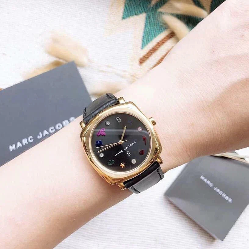 Marc Jacobs Mandy watch on wrist with Marc Jacobs packaging visible