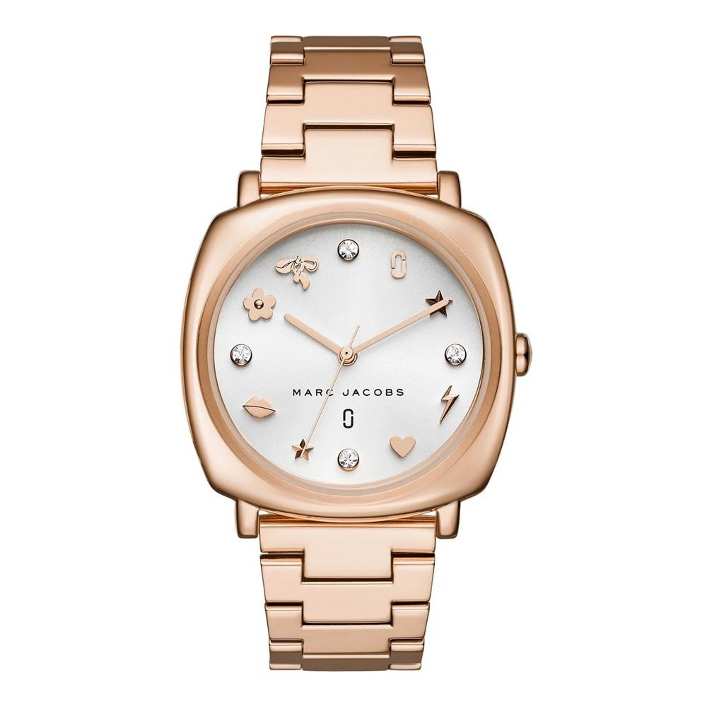 Marc Jacobs Mandy white dial rose gold square watch with decorative indices and rose gold link bracelet