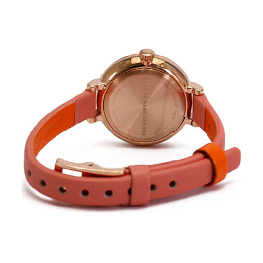 Sally women's watch back view showing peach leather strap and case profile