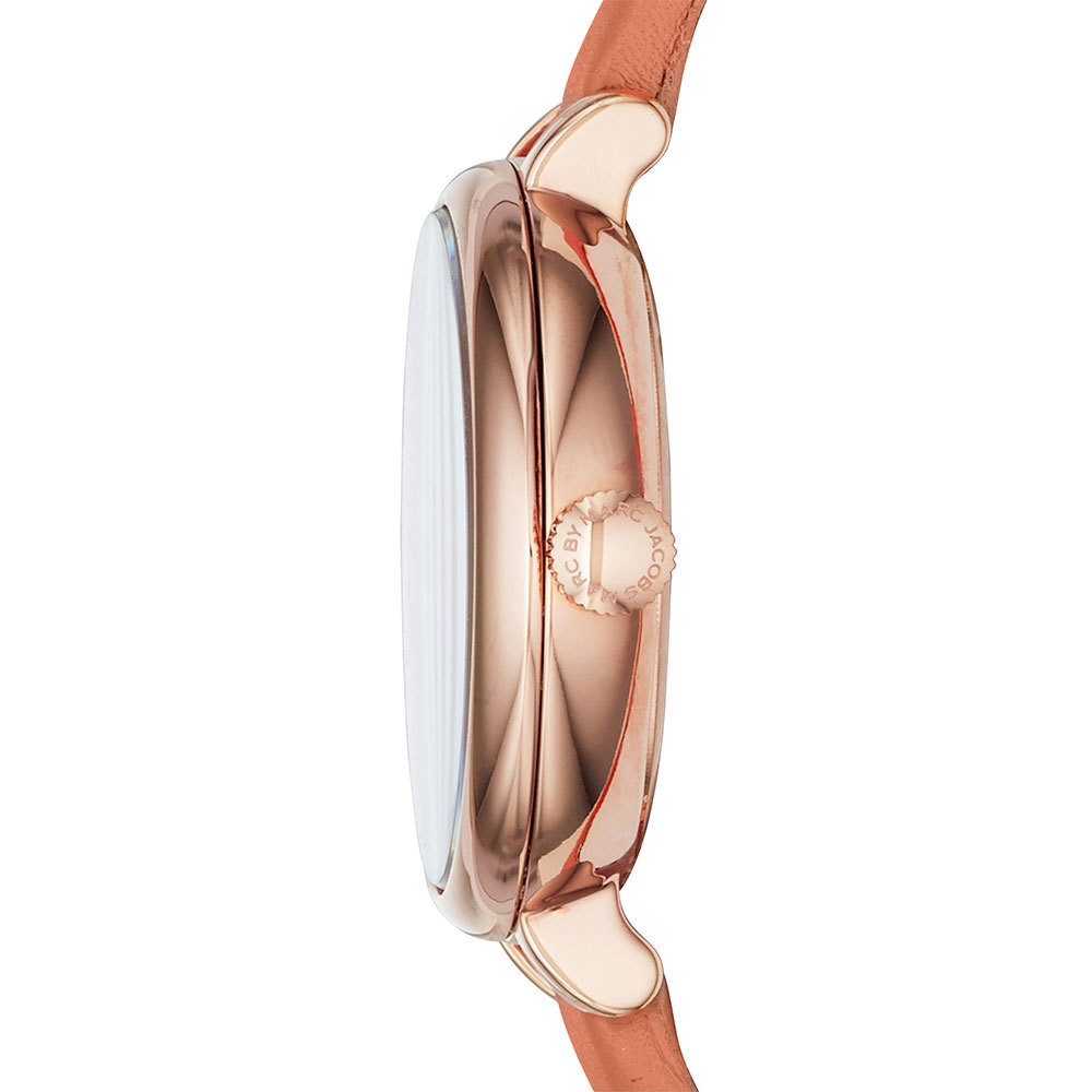 Side profile of Sally watch showing rose gold-tone case and peach leather strap