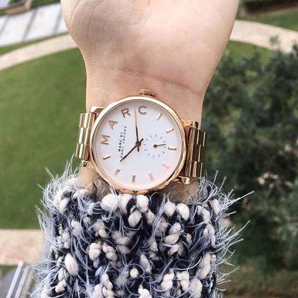 Marc By Marc Jacobs MBM3244 rose gold watch worn on wrist with silver dial