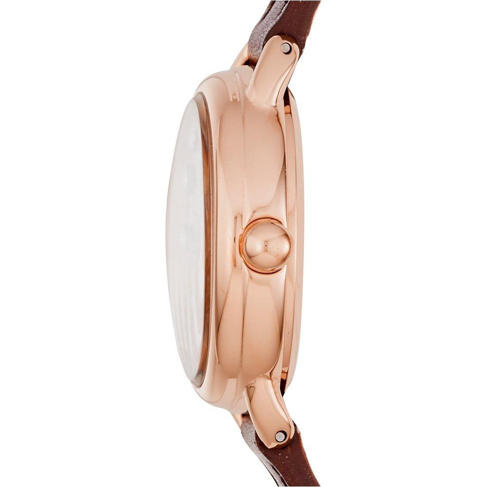 Marc Jacobs MJ1481 case back showing rose gold and burgundy leather strap