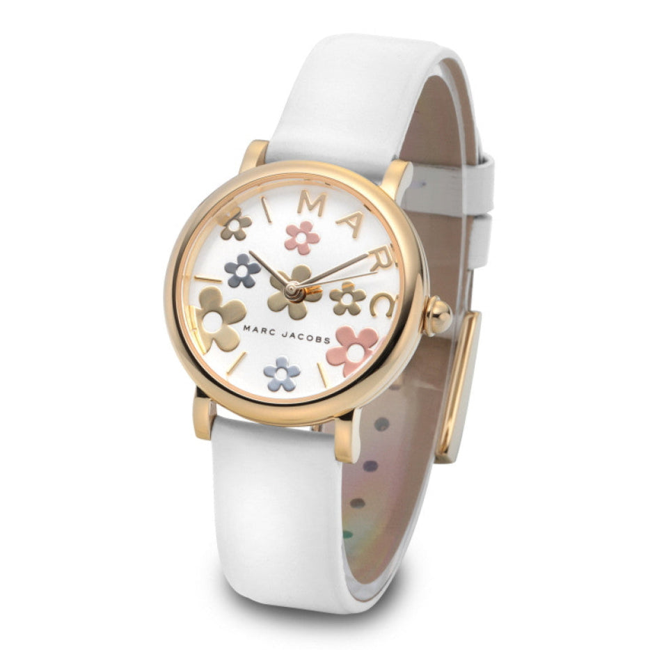 Side angled view of Marc Jacobs Roxy women's watch with white strap and gold-tone case