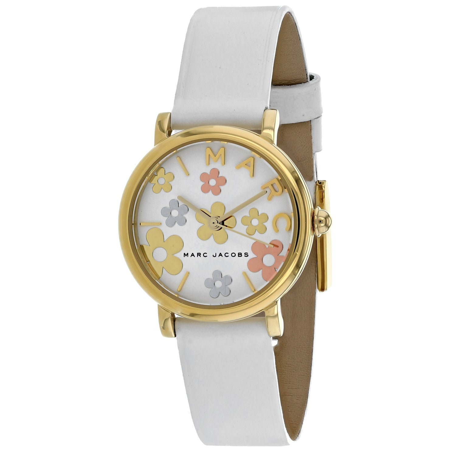 Marc Jacobs Roxy watch angled view showing white leather strap and colorful flower dial design