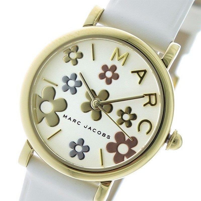 Detailed view of Marc Jacobs Roxy watch face with colorful flowers and MARC JACOBS text