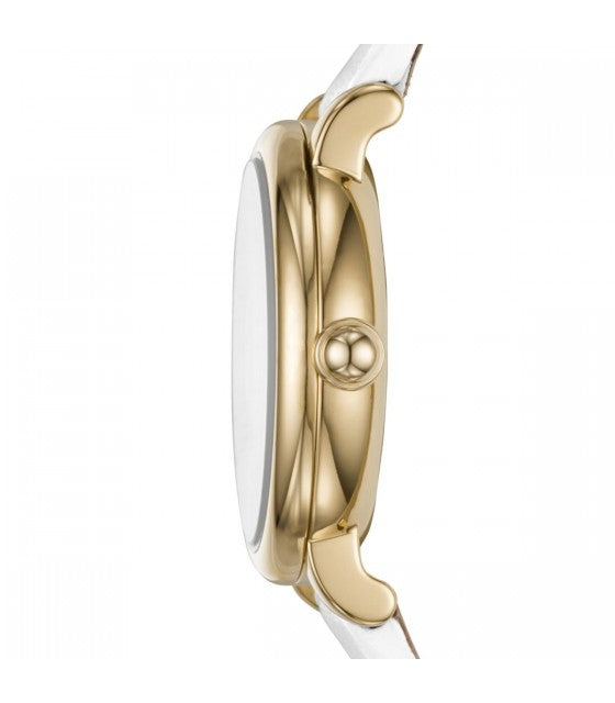Marc Jacobs Roxy watch worn on wrist showing gold-tone case and white leather strap