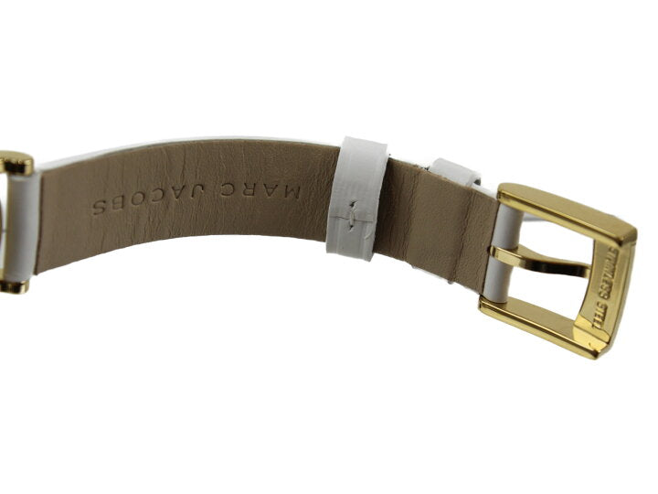 Side profile of Marc Jacobs Roxy watch case showing gold-tone lugs and white leather strap