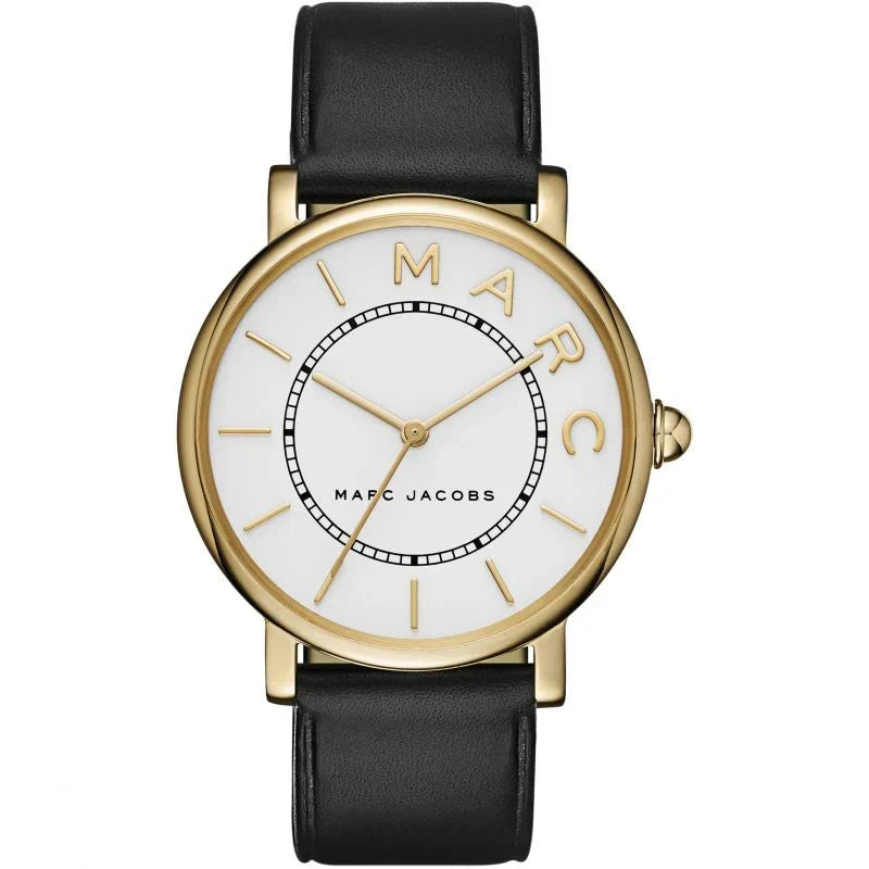 Marc Jacobs Roxy MJ1532 white dial women's watch with gold-tone case and black leather strap