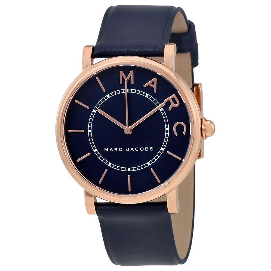 Marc Jacobs Roxy MJ1534 watch at three-quarter angle showing navy leather strap and rose gold case