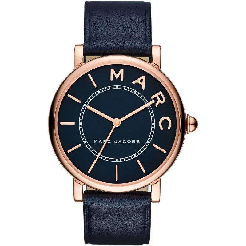 Marc Jacobs Roxy MJ1534 navy blue dial watch with rose gold case and navy leather strap