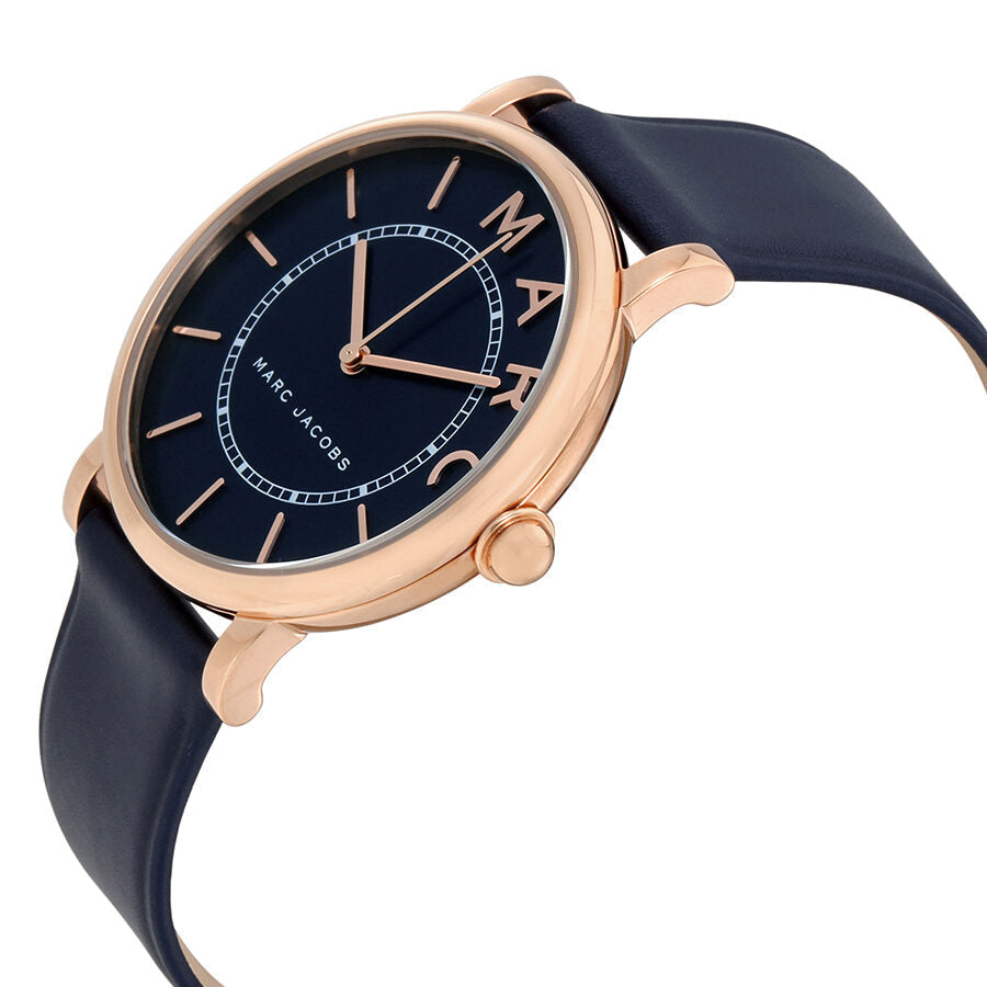 Marc Jacobs Roxy MJ1534 watch side view displaying rose gold case profile and navy strap