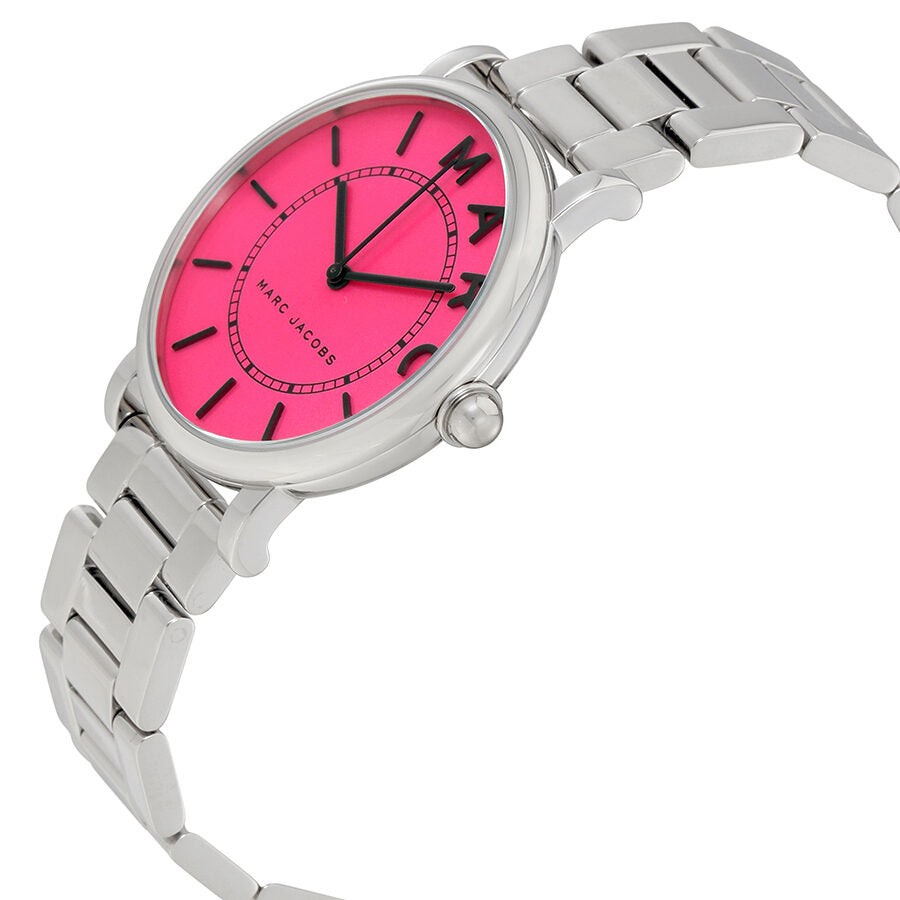 Side angle view of Marc Jacobs Roxy pink dial watch with silver metal bracelet