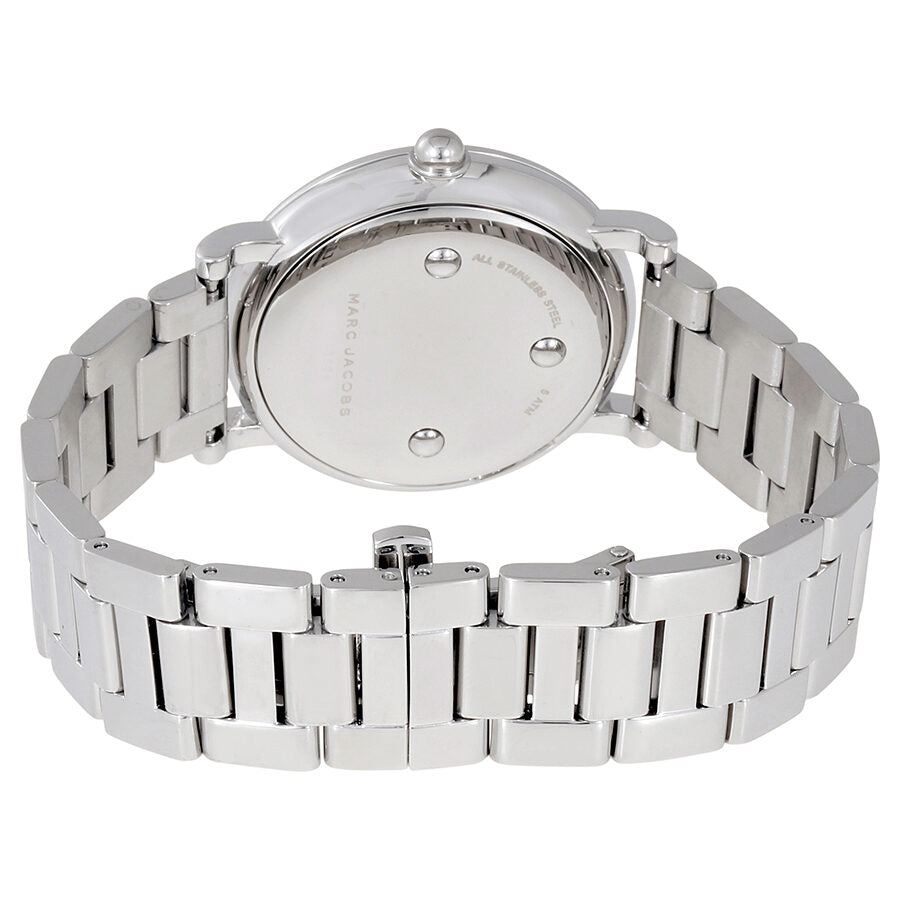 Case back of Marc Jacobs Roxy watch showing metal bracelet and crown detail
