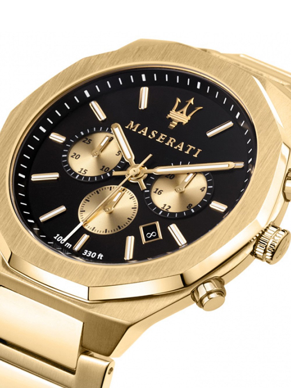 Close-up of Maserati chronograph dial with three subdials and Trident logo