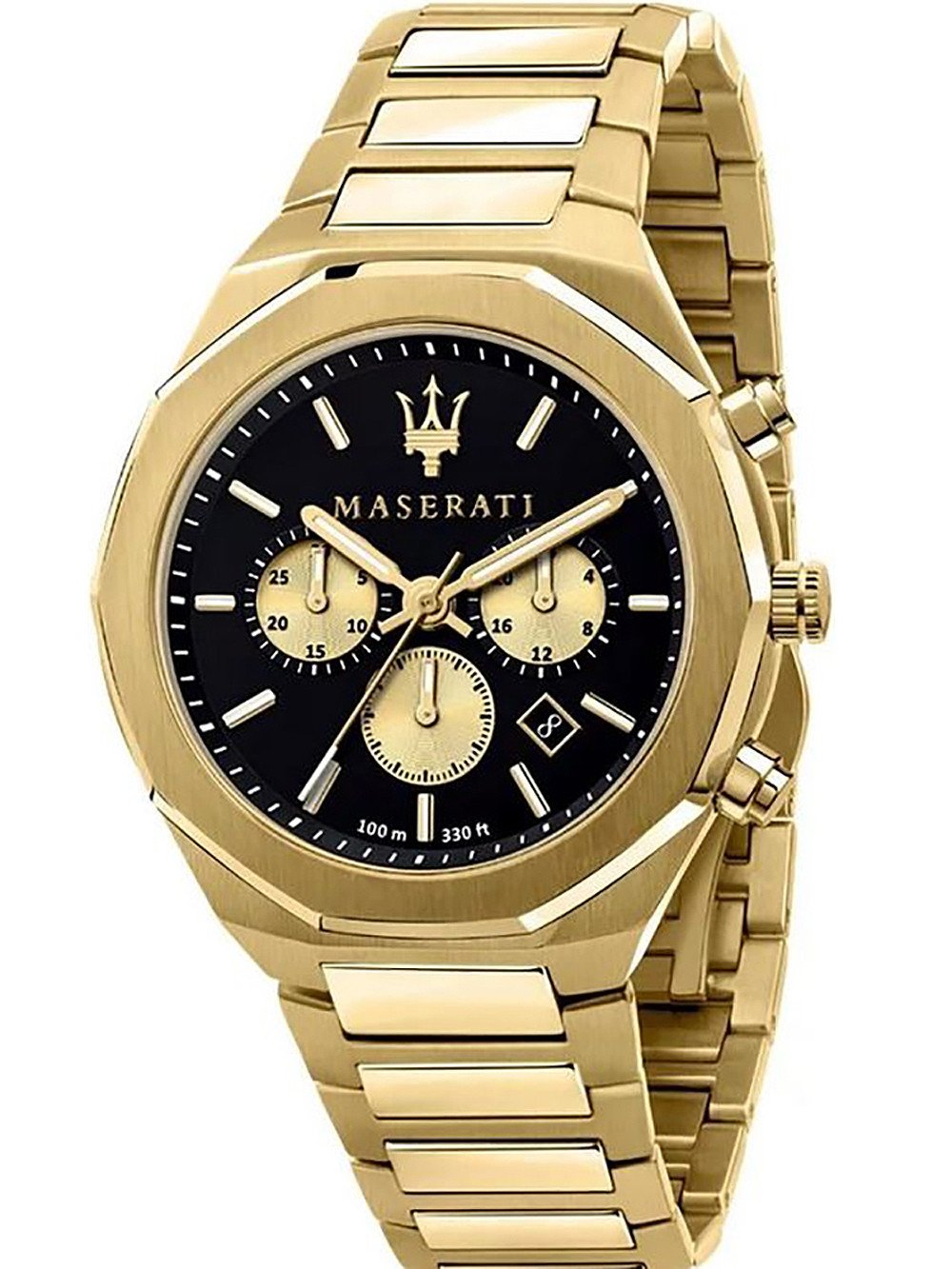Maserati 45mm gold-tone chronograph watch with black dial and gold subdials