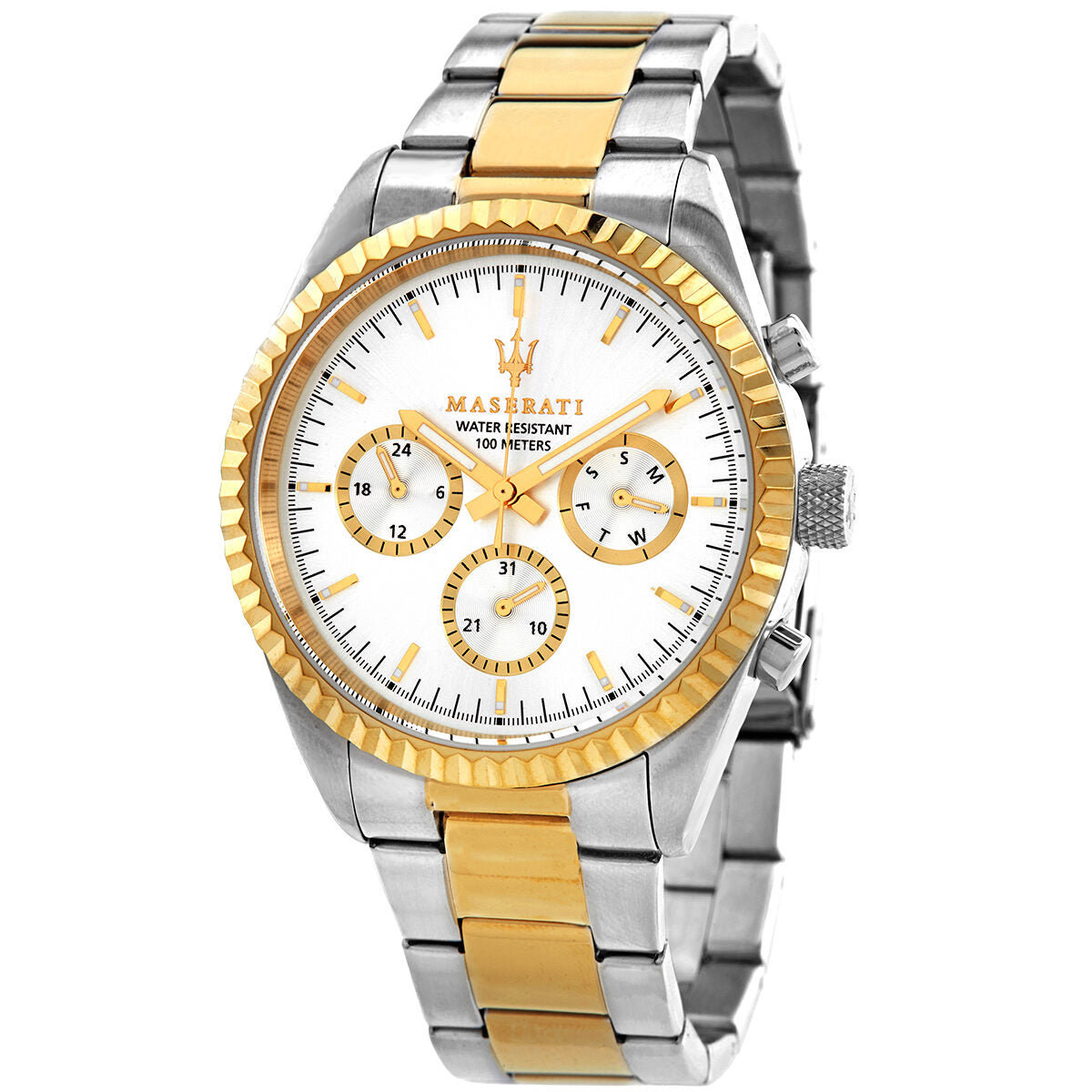 Maserati chronograph quartz watch with silver dial, gold-tone bezel, and two-tone stainless steel bracelet
