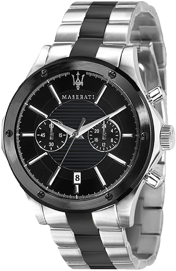 Maserati chronograph quartz men's watch with black dial, dual subdials, and steel-black bracelet