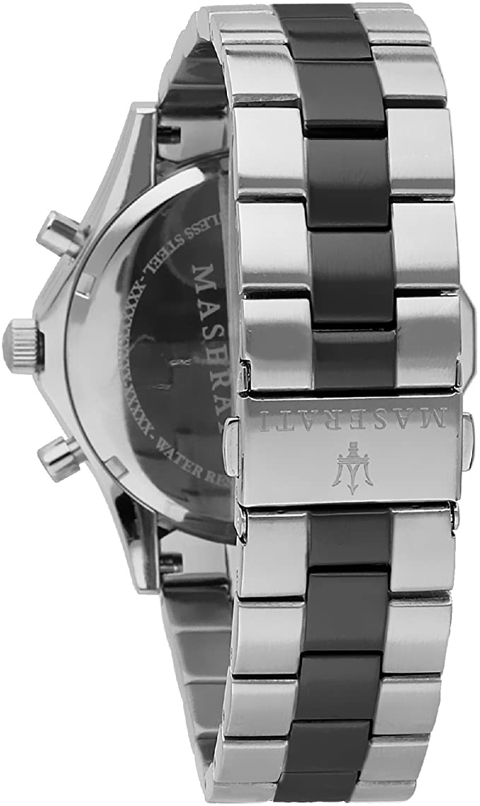 Side view of Maserati chronograph watch with two-tone steel and black bracelet